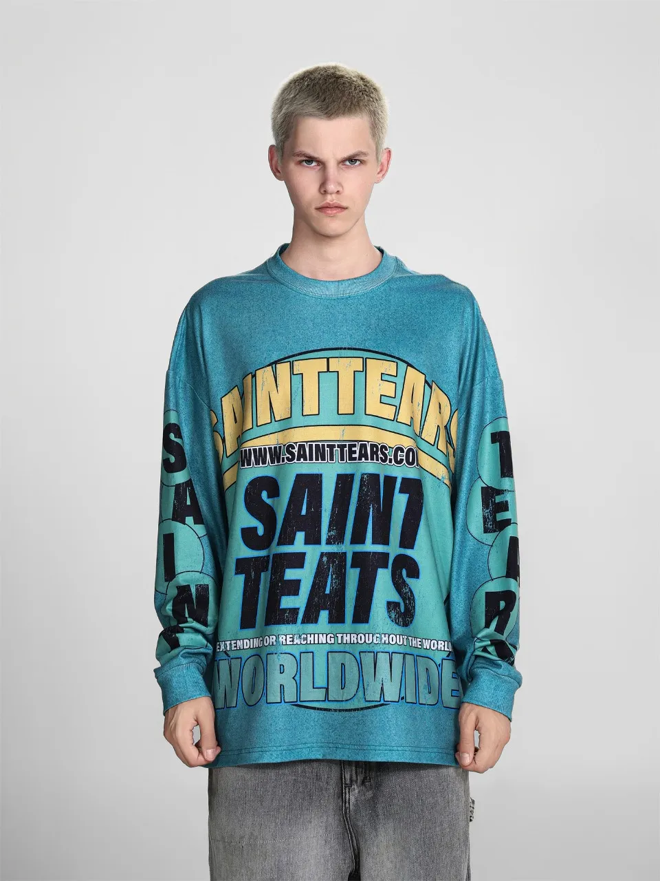 Saint michael tears all-over printed long-sleeved vintage autumn and winter T-shirt Style number: 101 Size: M L XL Wholesale price: 136 Color: floral gray green